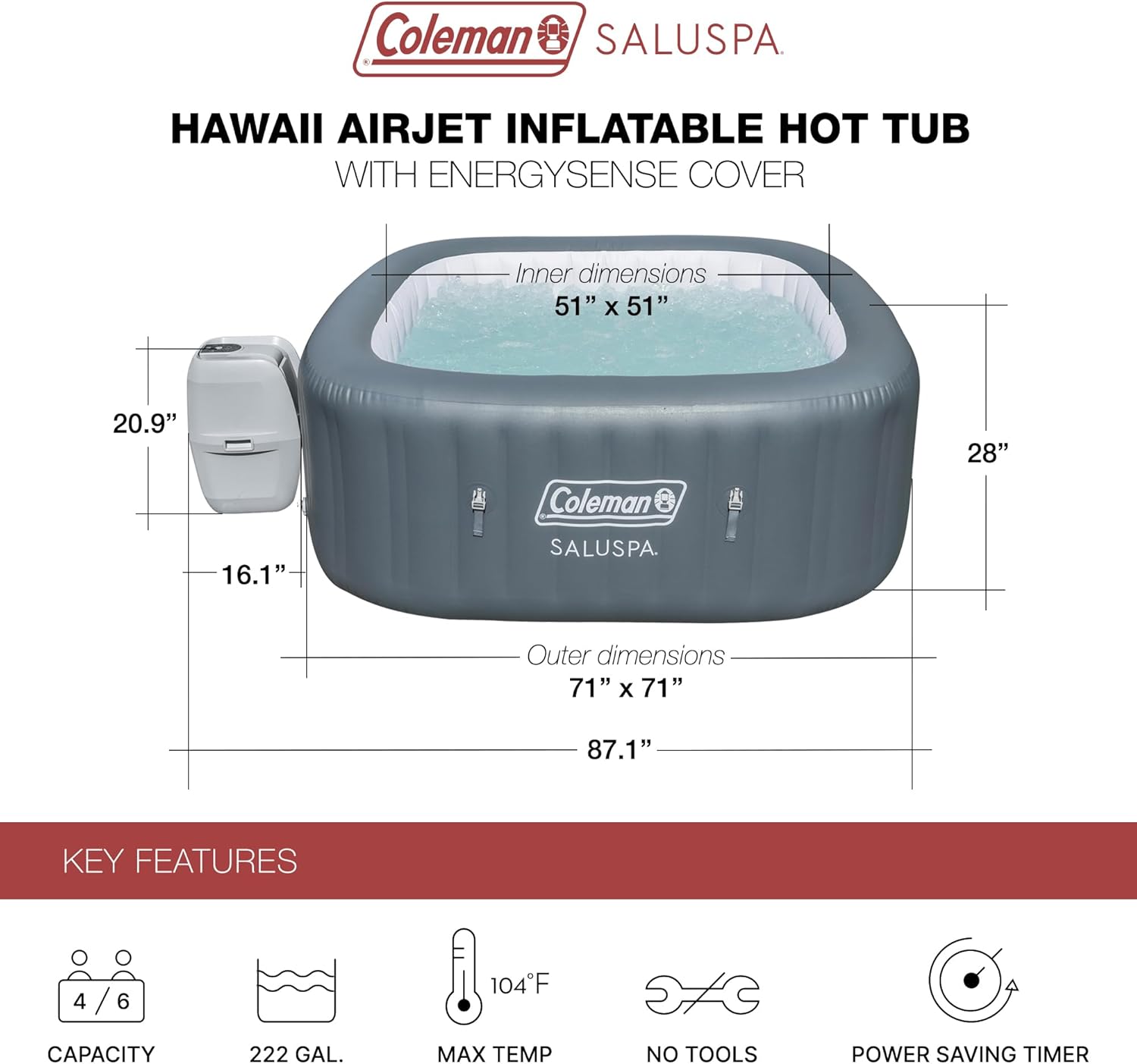 Inflatable Outdoor Hot Tub Spa for 4–6 People with Heated Bubble Massage