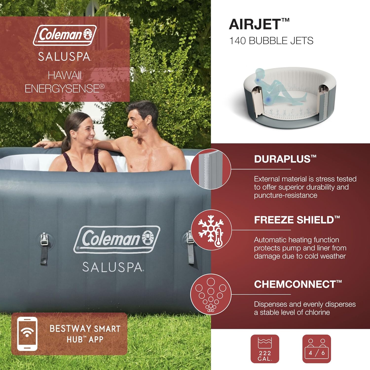 Inflatable Outdoor Hot Tub Spa for 4–6 People with Heated Bubble Massage
